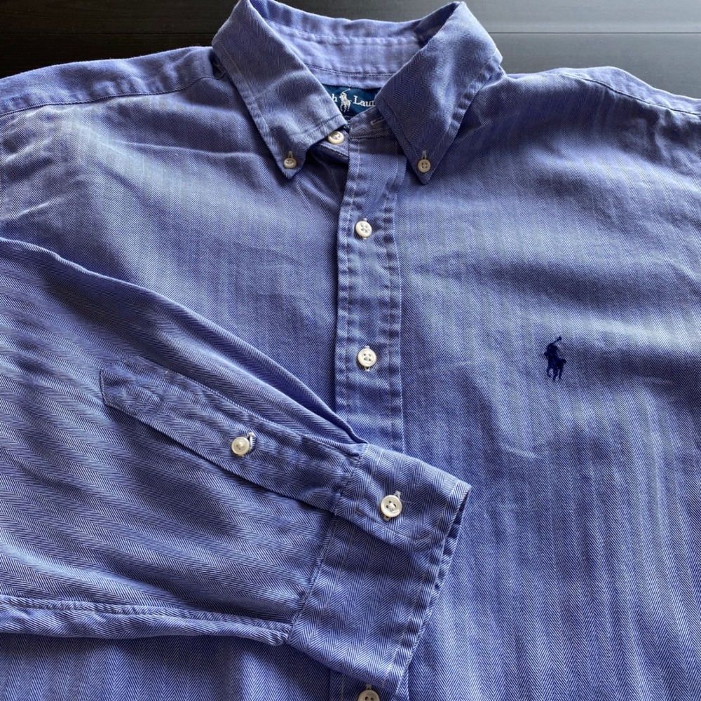 Ralph Lauren Yarmouth Mens 16.5-34 Blue Herringbone Cotton Button Down Shirt